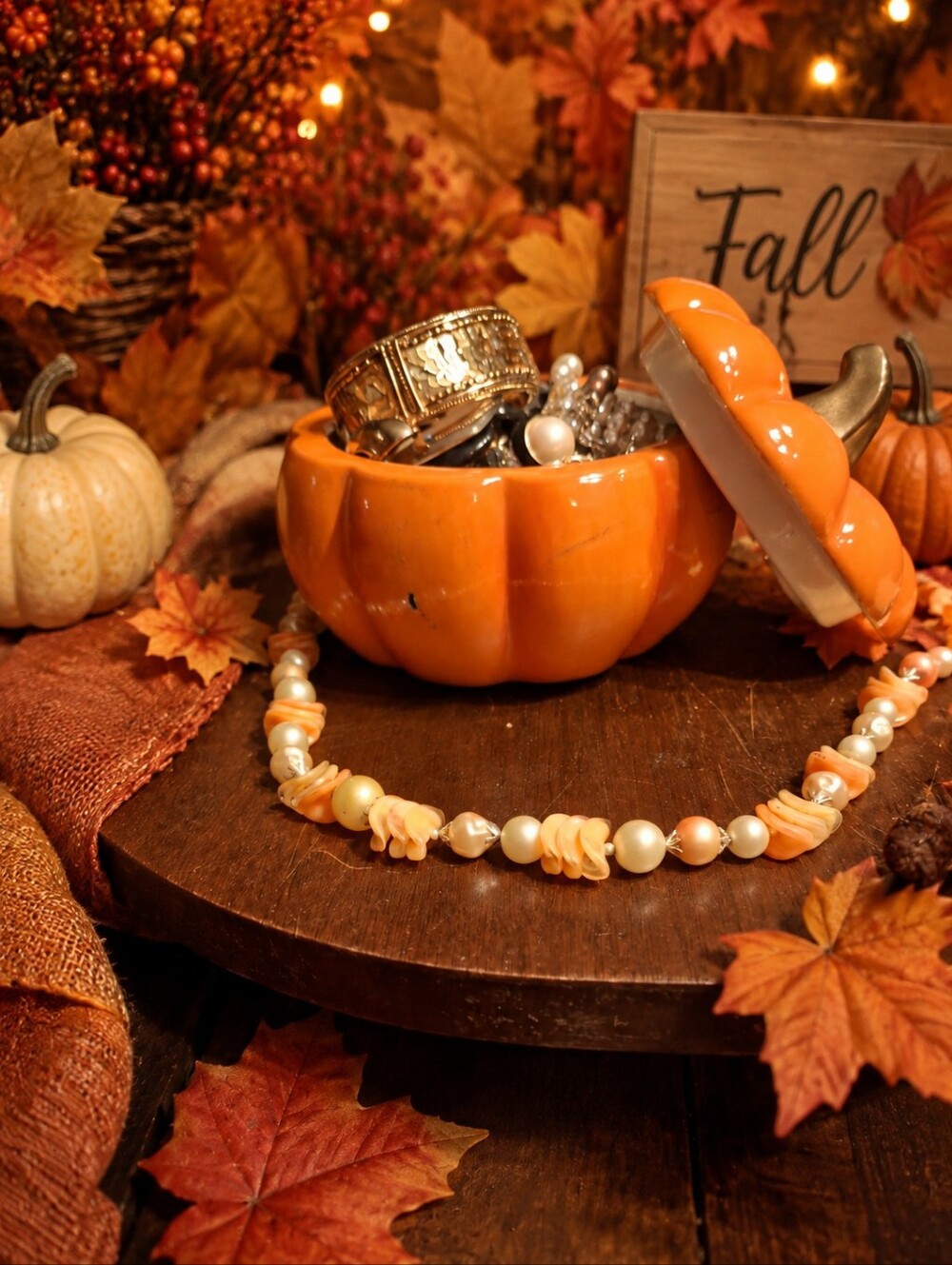 Others Follow Orange Ceramic Pumpkin Jewelry Trinket Box with Pearl Necklace